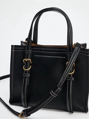Zara Black Leather Crossbody Satchel with Gold Hardware